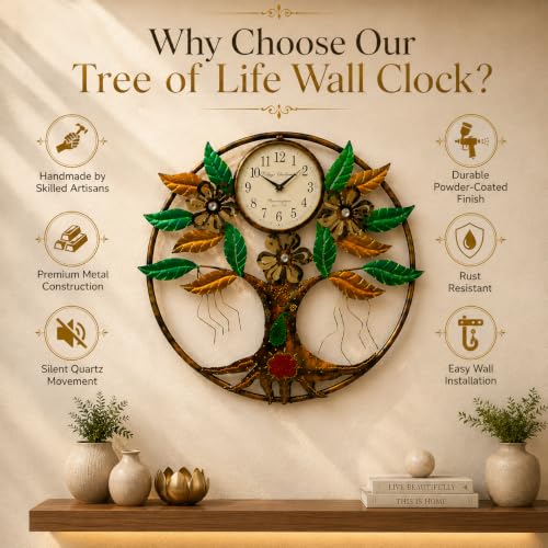 Image of STREET CRAFT - Multicolor Tree of Life Metal Wall Decor with Clock Handpainted Iron Floral Leaf Wall Art for Living Room Bedroom Home Decoration (25 x 25 Inch)