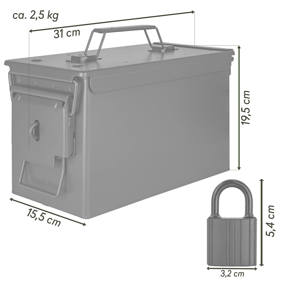 Trucky Ammo Box skrzynka na amunicję z zamkiem 31 x 16 x 19 cm, metalowa skrzynka na amunicję, pudełko do przechowywania z pokrywką, kolor czarny, metal