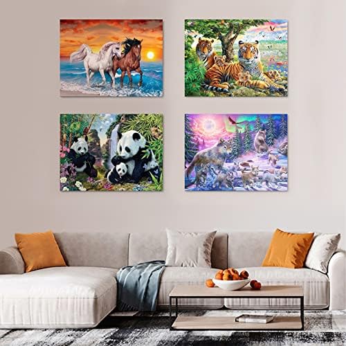 SupLetsico 4 Pack 5D Diamond Painting Kits for Adults, Animal Diamond Art Kits for Adults, Full Drill Crystal Art Kits for Home Wall Decor Diamond Dots, 15.7" x 11.8"(Horse, Tiger, Panda, Wolf)