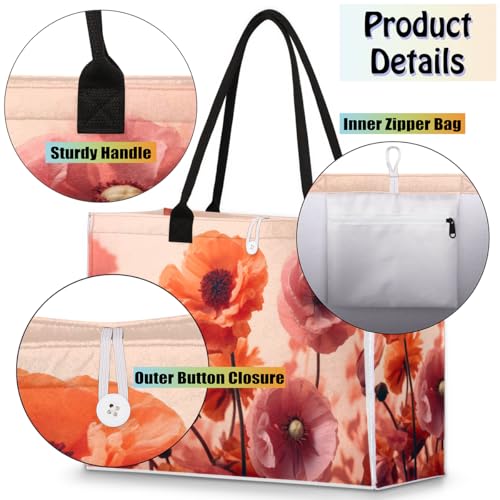 Pink Red Flowers Tote Bag for Women Large Beach Bag Reusable Tote Bags for Work Travel Beach Shopping4