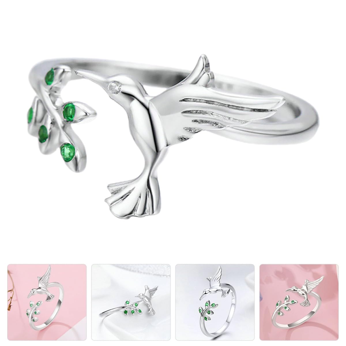 Baluue Anello Regolabile da Donna Design Colibrì e Foglie, Gioielli a Forma di Volatile, Anello Aperto Leggero e Comodo per Uso Quotidiano