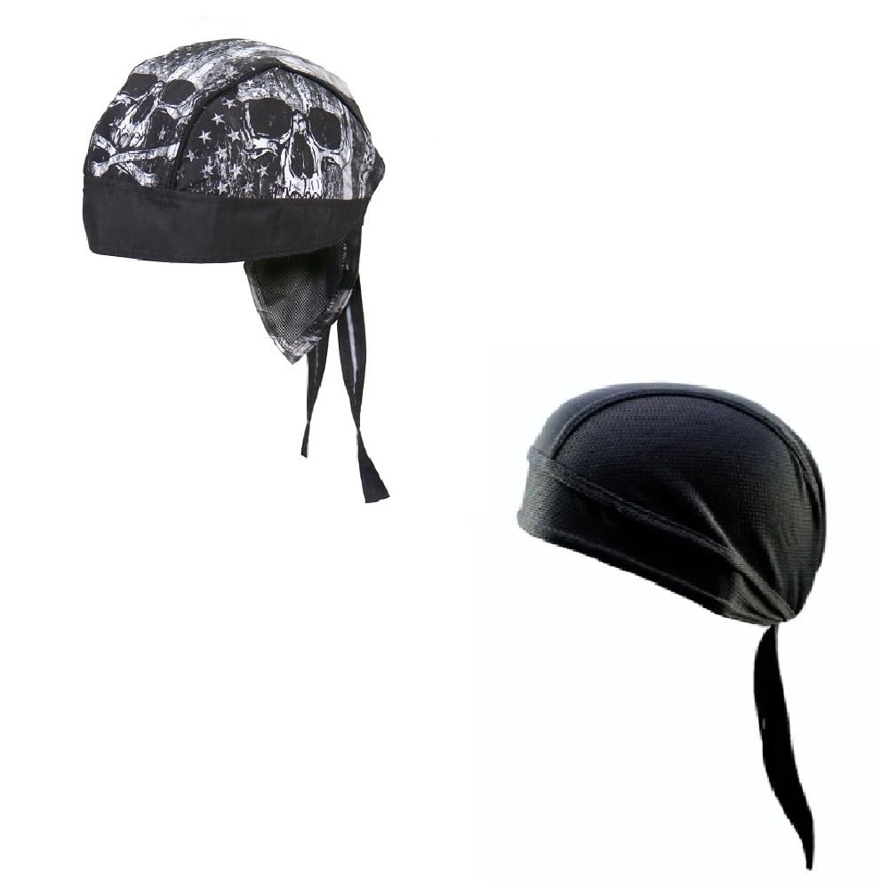Generic Lot or Set of 2 Black White Skull American Flag and Solid Black Moisture Wicking Headwrap Durag