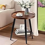 FANTERSI Small Round Side Table, 2-Tier Mid Century Modern Side Table, Round End Table Small End Table for Living Room, Metal Frames, Brown