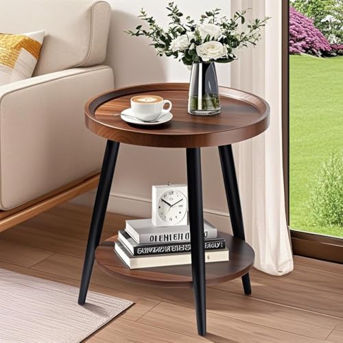 FANTERSI Small Round Side Table, 2-Tier Mid Century Modern Side Table, Round End Table Small End Table for Living Room, Metal Frames, Brown