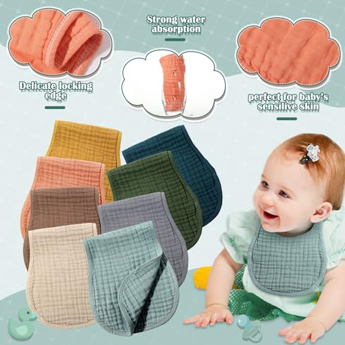 Image of Frienda 8 Pack Muslin Burp Cloths for Baby Large 20 x 10 Inch Cotton Burp Rags for Spit up Drool Absorbent Soft Multicolor Wash Cloths Diapers for Newborn Girl Boy Essential Shower Gift(Vivid Color)