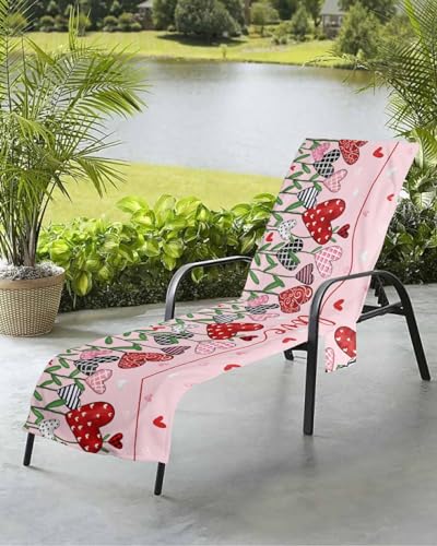 Pink Love Beach Chair Towel Covers for Chaise Lounge with Side Pocket, Soft Plush Pool Towels Cover for Patio Sunbathing Outdoor 29''x85'' Valentine's Checkered Striped Plant Leaf