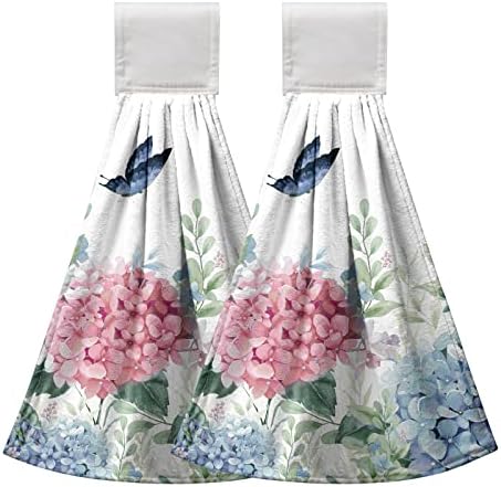 Kwlegh Pink Flowers Dish Towels with Hanging Loop Butterfly Kitchen Towels Set of 2 Summer Hydrangea Bathroom Hand Towels Soft Absorbent Tie Towels for Bathroom Kitchen 12x17 Inch