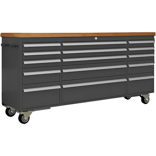 72-Inch Rolling Tool Chest with Power Outlets, 15-Drawer Mobile Workshop Cabinet with 4 AC & 2 USB Ports, Locking Stainless Steel Tool Storage(Black, Short Model with Socket)