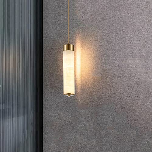 Onyx Marble Cylinder Pendant, Brass Natural Stone Lamp For Dining Table