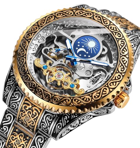 FORSINING Retro Watch for Men Carved Self-Wind Mechanical Tattoo Tourbillon Moon Phase Independent Seconds Skeleton Automatic Big Dial Wrist Watches