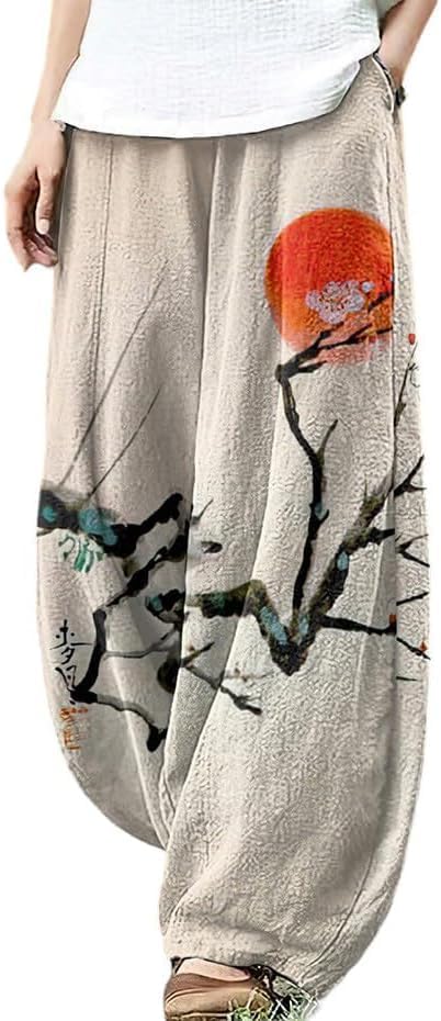 Women's Pants Casual Floral Print Wide Leg Relax Fit Ankle Length Lantern Trousers