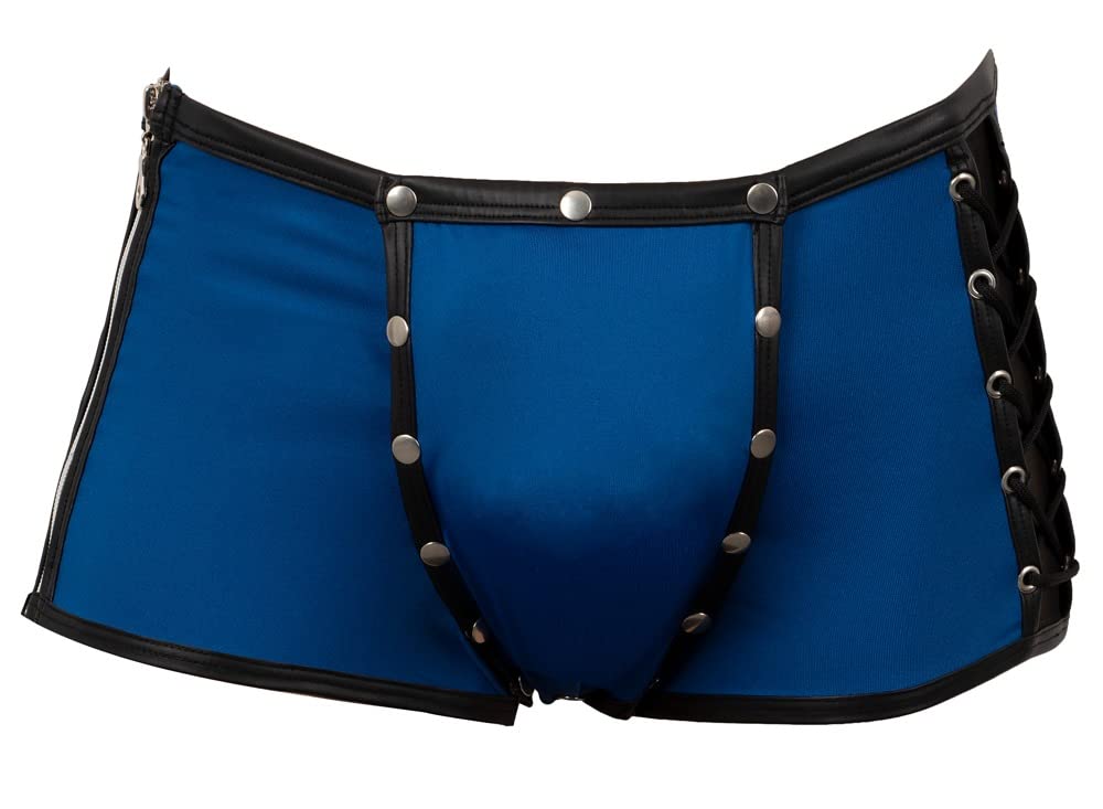 Orion Calzoncillos tipo bóxer eróticos para hombre, con bolsillo extraíble para el pene, cordones cruzados laterales, filas de botones, color azul y negro