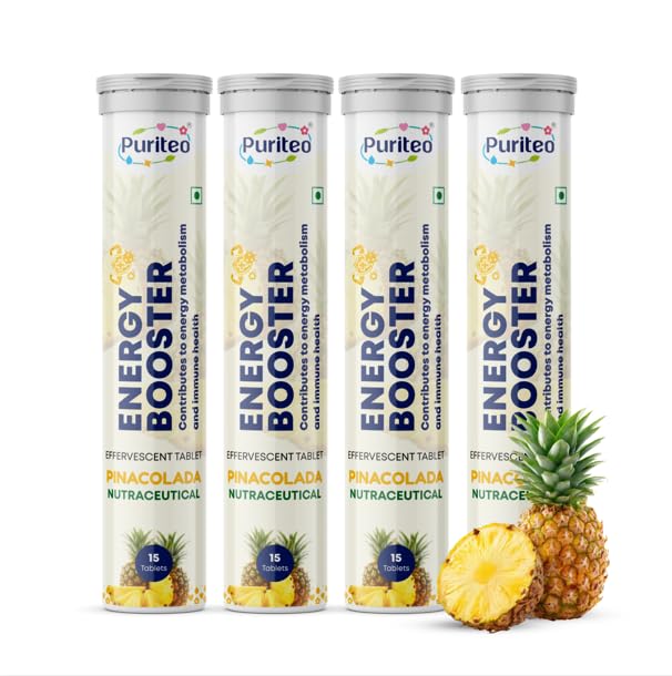 Puriteo Energy Booster Effervescent Tablets Orange Flavour Pack of 4 Fast Dissolving Fizzy Drink Tablets Health Supplement 15 Tablets Each (Pina Colada)-image-0