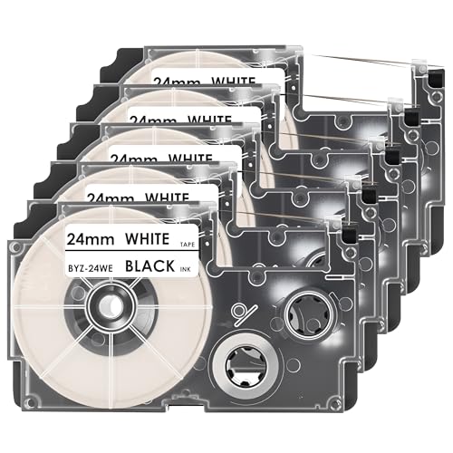 Wollsh 互換 カシオ用 ネームランド XR-24WE 幅24mm 5個セット白地黒文字 ラミネートテープ 防水 強粘着 お名前シール 事務用品耐摩耗 簡単剥がし長さ8m