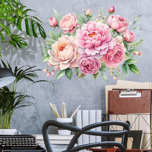 Wandtattoo Pfingstrose, Wandsticker Zart­ro­sa Blumen, Wandsticker Pfingstrose Blumen Wasserdicht, Wandtattoo Pfingstrose Vintage, Wandaufkleber Wanddeko für Wohnzimmer Schlafzimmer (30 * 40cm)
