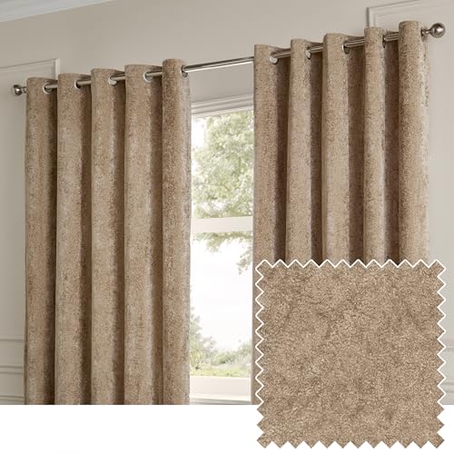 Image of Paoletti Lustre Velvet Eyelet Curtain Pair – Luxury Soft Iridescent Sheen Textured Room Darkening Curtains (Champagne – Width 168 x Drop 229cm)