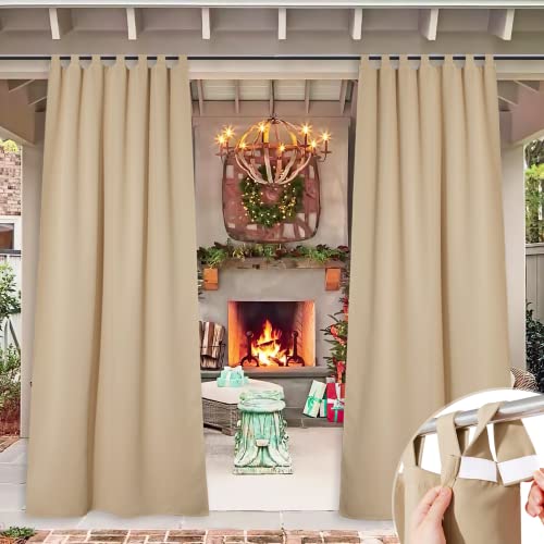 NICETOWN Detachable Sticky Tab Top Thick Long Outdoor Curtain for Patio Waterproof, W52 x L108, Triple Weave Sun Block Wind Prevention, Thick Enough P