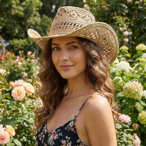 Image of Men & Women's Summer Cowboy Cowgirl Straw Hat Hollow Out Woven Roll Up Wide Brim Sun Hat with Chin Strap