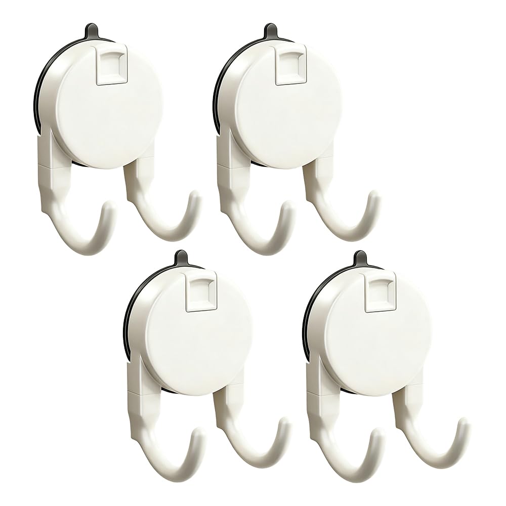 4 Pack Cream Suction Cup Hooks, Double Hook Shower Tile Hanger No Drill
