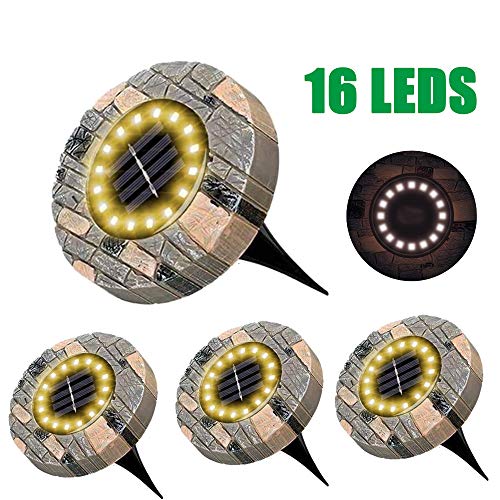 Solar LED Garden Ground Lights 4PCS, 16LEDS Marble Texture Modern Style Solar Pathway Lights IP68 Waterproof Outdoor LED Spotlights 6-8 Hour Use Time, 11.5 * 13cm (Warm White)