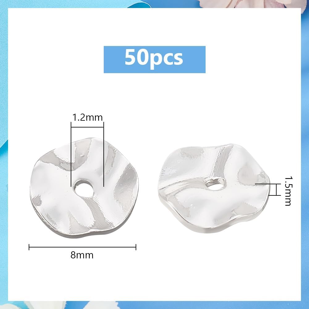 PH PandaHall 50pcs 8mm Flat Round Spacer Beads, Silver Brass Wavy Disc Beads Jewelry Findings Loose Beads for DIY Bracelets Necklaces Earrings Jewelry Making Craft Making - Image 2