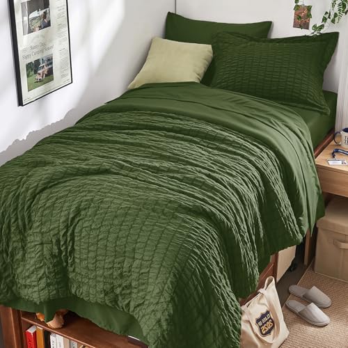 Image of HYMOKEGE Olive Green Twin XL Comforter Set Seersucker 5 Pieces, All Season Luxury Bed in a Bag for Bedroom, Bedding Set with Comforter, Sheets, Pillowcase & Sham