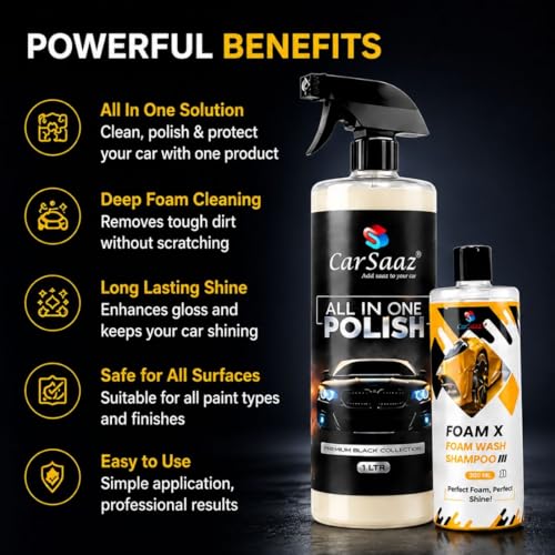 Image of CAR SAAZ All in One Polish 1 L with Foam X Shampoo 200ml Combo | CAR & Bike Polish + Washing Restore Shine and Gives Protection on Multi-surfaces