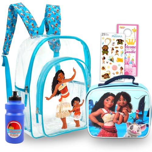 Disney Moana Mochila transparente com lancheira – Pacote com mochila de 41 cm para meninas, lancheira, garrafa de água, adesivos, mais | Bolsa escolar transparente Moana para crianças material escolar