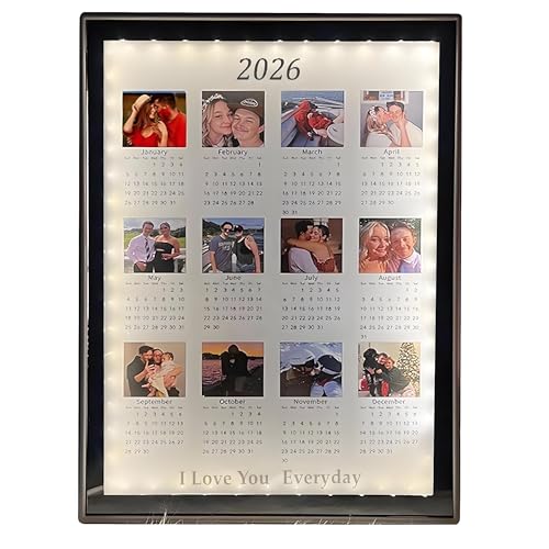 CraffBase Personalized Light Up Mirror with 2026 Calendar Couple Photo LED Night Light Frame Make Up Mirror Couple Anniversary Picture Frame for Girlfriend Wife Valentine Wedding Anniversary