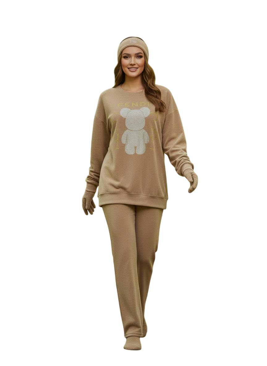 Women’s Winter Fleece Co-Ord Set – Beige Warm Sweatshirt & Straight-Fit Pants with Gloves and Headband Stylish Graphic Tracksuit (IN, Alpha, L, Regular, Standard, LIGHT BROWN)-image-26