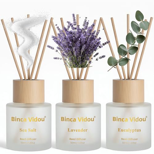 Image of Binca Vidou Reed Diffuser Set of 3, Natural Scent Oil Diffusers with Sticks for Home Office Bathroom Aromatherapy Decor (Lavender, Eucalyptus, Sea Salt, 50ml x 3)