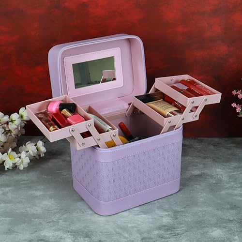 Image of NFI essentials Cosmetic Storage Makeup Bag for Womens Train Case Travel Pouch Organizer Brush Holder Artist Vanity Bridal Trousseau Box for Girls with Silk Scarf Accent