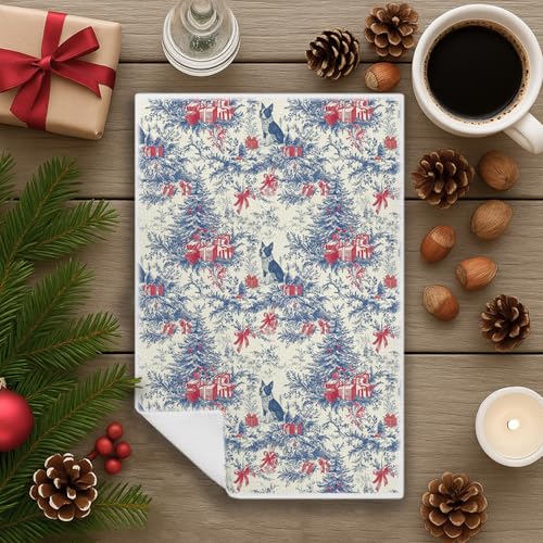 Image of Christmas Blue red Boston Terrier Kitchen Towels, Vintage Dog Lover Gifts Dish Tea Towels for Kitchen, French Chinoiserie Holiday Decorative Hand Towel for Bathroom, 16x24 Inch