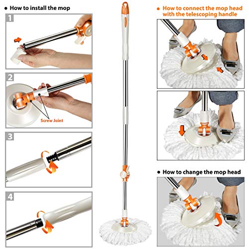 Mastertop Spin Mop & Bucket With Wringer Set, Floor Cleaning, Household Cleaning Supplies, Stainless Steel Spinning Mop Bucket, 7 Microfiber Mop Refills, 57" Extended Handle, 2 Wheels Easy Moving #TOP6