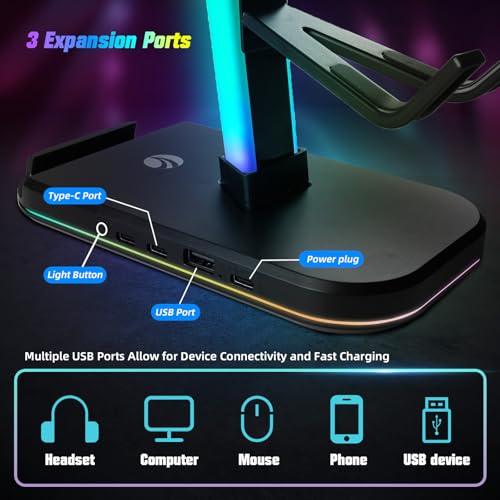 VCOM RGB Gaming Headphones Stand with 10 Light Modes, 4 Controller Holder with 1 USB & 2 Type-C Charging Ports,Headset Stand Suitable for All Earphone Accessories, Best Gift for Desk Gamers — view 4
