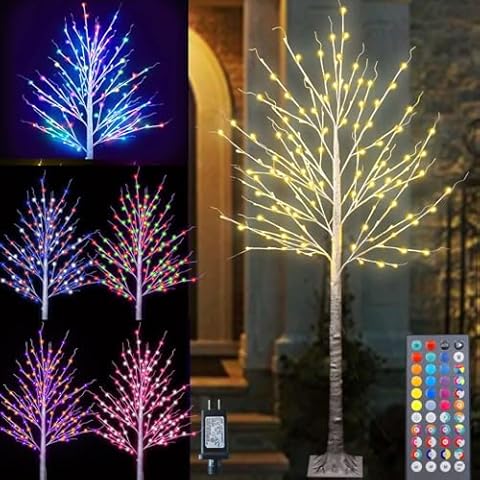 Pooqla 7 ft 150 LED Colorful Birch Tree, Color Changing Light Up Tree with Pink Purple Fairy Light Remote, Artificial Christmas White Birch Tree for Indoor Outdoor Holiday Party Home Yard Decoration Cover