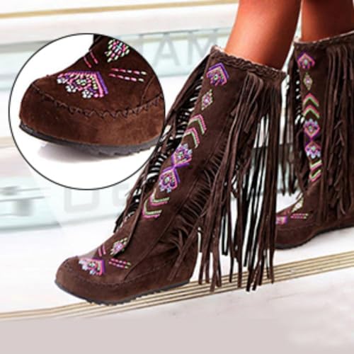 BORAMAX Women's Fringe Western Boots, Suede Embroidered Closure Fringe Mid Calf Knee High Flat Boots Long Snow Tassel Boots4