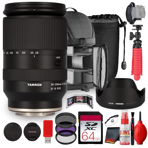 Image of Tamron 28-200mm f/2.8-5.6 RXD Mirrorless Zoom Lens Full-Frame for Sony E-Mount Compact All-in-One Travel Photography Bundle + 64GB Memory Card + Filter Kit + Backpack + Lens Pouch + Flexible Tripod +