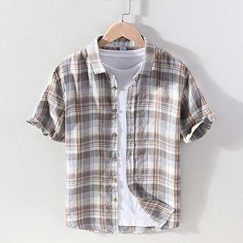Chemise de plage pour hommes en coton lin kaki vintage à carreaux d'été