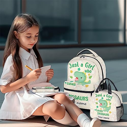Personalized Dinosaur Backpack with Lunch Box Set for Girls - 3 in 1 Primary Middle School Backpacks Matching Combo - Large Capacity, Durable, Lightweight, Green Bookbag and Pencil Case Bundle2