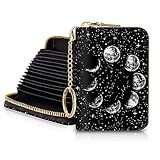 Blusabaca RFID Credit Card Holder Wallets for Women, Moon Phase Night Small Card Case Wallet with Keychain and Zipper, Leather Card Holder Pocket Business Card Accordion Wallet