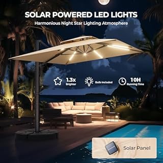HOMSHADE 10 ft Square Cantilever Patio Umbrella with Base Included, Solar Lights Large Umbrella Outdoor Patio with 360°Rotation&Tilting, LED Lighted Offset Umbrellas w/Stand for Pool Deck, Beige