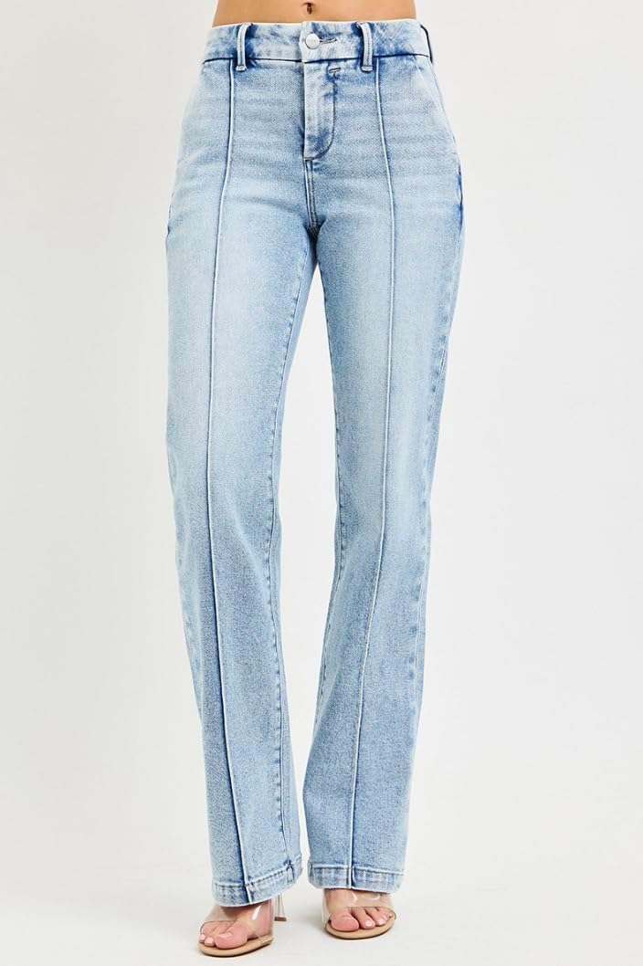 Risen Tummy Control High Rise Pin Tuck Straight Jeans- Ivory Gem