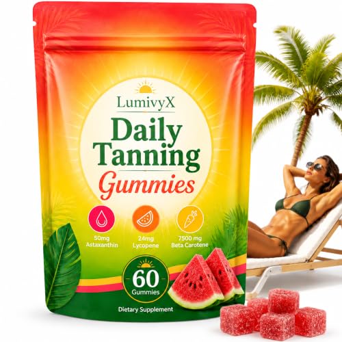 UXZQEN LumivyX-Tanning Gummies for Adults Daily Beauty Gummies with Beta Carotene Blend Skin Nourishing Formula for a Radiant-Looking Glow Sour Watermelon Flavor Vegan 60 Count