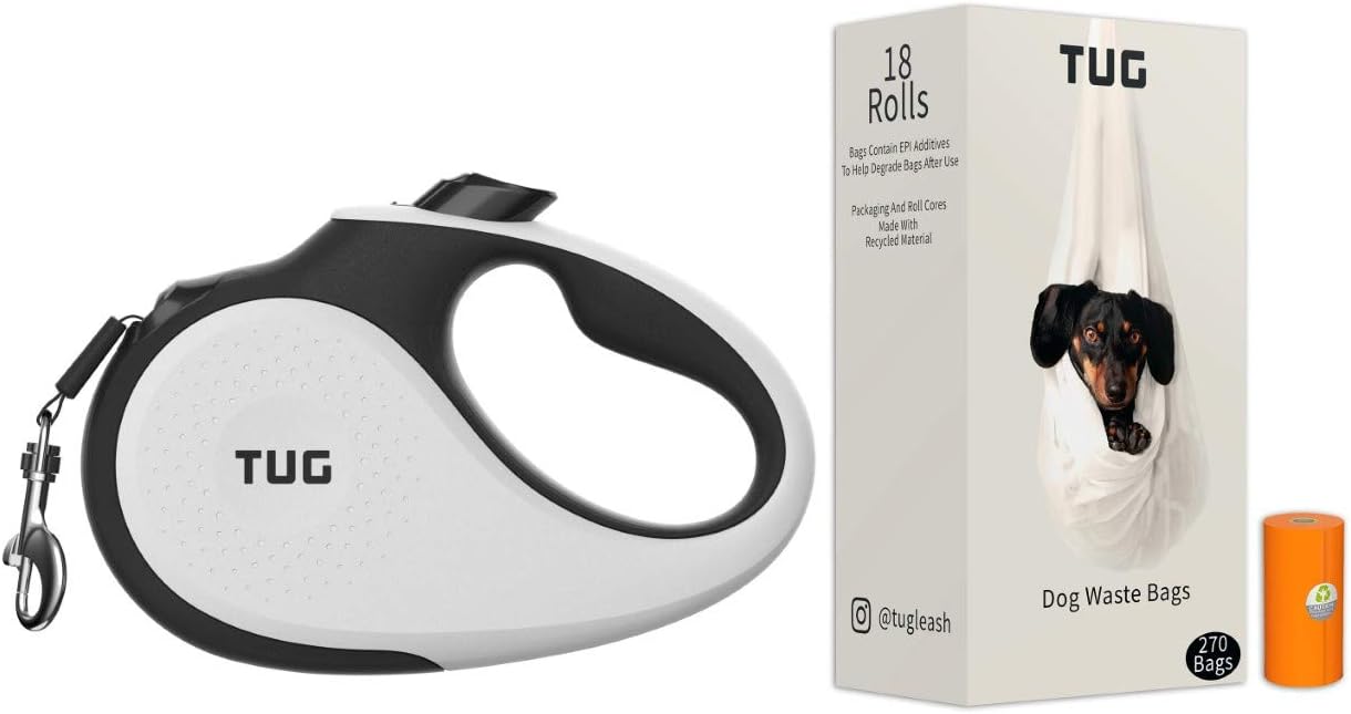 TUG 360° Tangle-Free, Heavy Duty Retractable Dog Leash with Anti-Slip Handle; 16 ft Strong Nylon Tape/Ribbon; One-Handed Brake, Pause, Lock Bundle with TUG Waste Bags