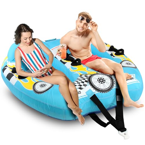Watersports Inflatable Towable Booster Tube – Two Person Water Boating Float Tow Raft, Inflatable Pull Boats/Tubes/Towables w/ Dual Seats, PVC Bladder, Foam Pad, Nylon Handles – SereneLife SLTOWBL10