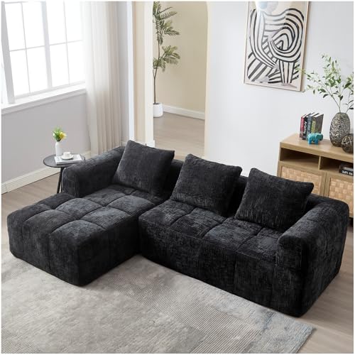 Zubaliya Sofá Seccional Moderno en L con chaise longue y reposabrazos, sofá de 3 plazas con 3 cojines y bolsillos laterales, bolsillo lateral para mando a distancia, sofá de esquina, chenille, negro