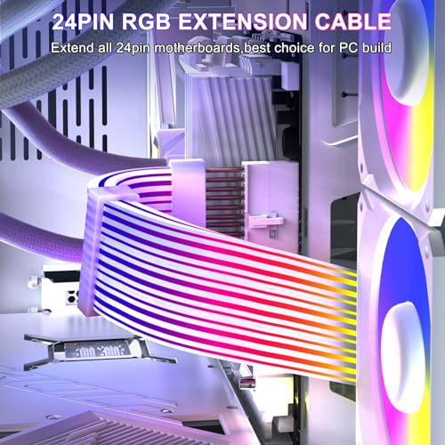 Image of Sirlyr 24 Pin RGB PSU Cables,ARGB PC Cable for Motherboard Power Supply Extension - 5V 3Pin Addressable Four Sides Lighting RGB Strips Decor Computer Case White