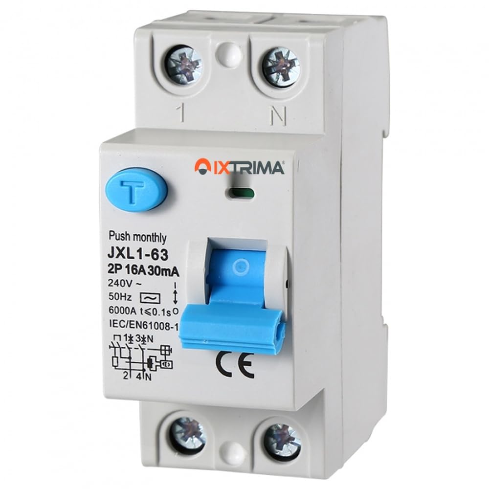 Interruptor diferencial puro 16 A 2 polos 2P 220 V 6 kA 30 mA 2 módulos DIN, RCCB C16