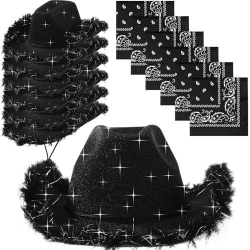 Image of Coume 12 Pcs Sparkly Adults Cowboy Hat and Bandanas Women Men Western Glitter Cowgirl Party Hats with Adjustable Drawstring